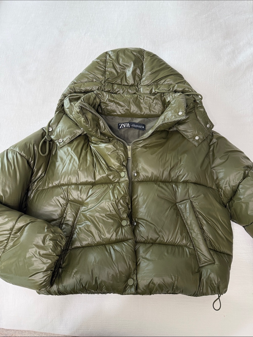 Zara Olive Green Short Puffer Jacket with Hood